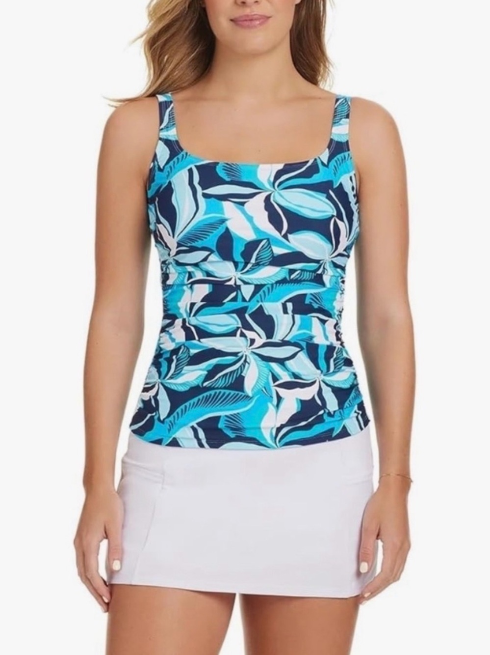 Ellen Tracy Blue & Teal Tropical Print Square-Neck Tank Size M